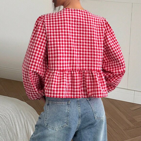 Red And White Casual Women's Cowgirl Hippie Round Neck Gingham Print Top - Picture 2 of 6